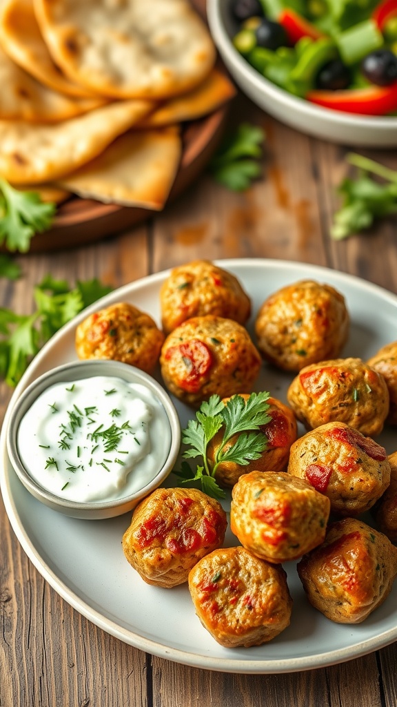 Greek turkey meatballs with tzatziki sauce on a plate, garnished with parsley, served with pita bread and salad.